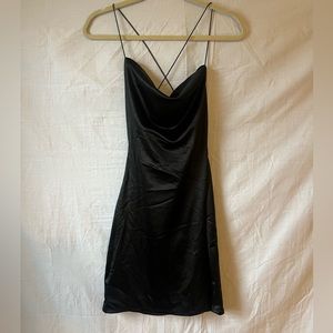 satin, crossed spaghetti strapped black mini dress